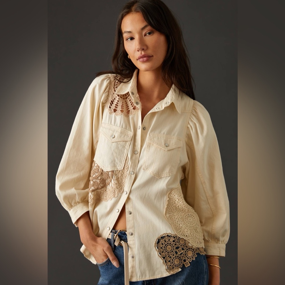 Pilcro Puff-Sleeve Shirt Anthropologie crochet pearl snap buttons xsmall eyelet